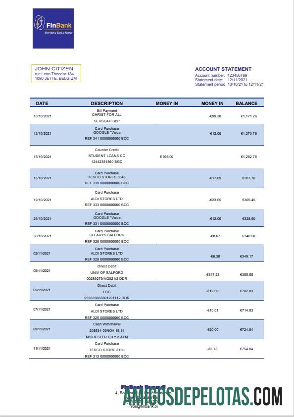 Modelo de extrato do Burundi Finbank para impressão, formato Word e PDF